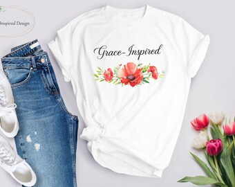 Grace-Inspired Tee, Red Poppy Flower T-Shirt, Christian T-shirt, Women's Graphic Tee, Grace Shirt, Inspirational Ladies T-Shirt,