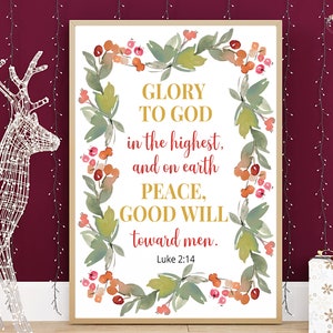 Versículo de las Escrituras de Navidad Imprimible, Versículo de la Biblia Imprimible de Navidad, Imagen de las Escrituras de Navidad Cristiana, Lucas 2:14, Decoración de signos de Navidad