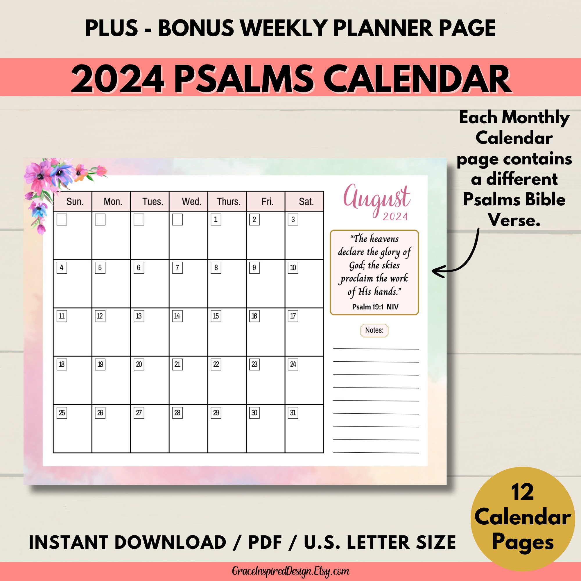 Printable Calendar 2024, Bible Verse Calendar Printable 2024, Monthly ...