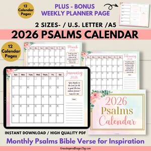 2026 Psalms Calendar Printable, Bible Verse Binder, Monthly Planner Insert, 2026 Inspirational Calendar PDF Weekly Planner Insert 2 Sizes