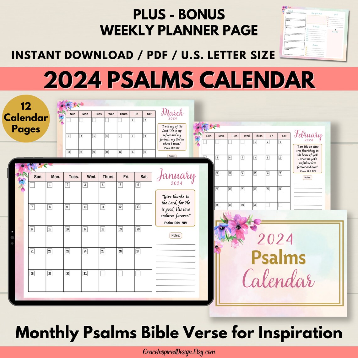 Printable Calendar 2024, Bible Verse Calendar Printable 2024, Monthly ...