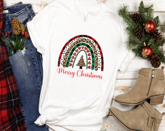 Christmas T-Shirt, Merry Christmas  Rainbow T-Shirt, Christmas Holiday Tee, Christmas Tee, Christmas Leopard Rainbow Shirt, Women's Xmas Tee