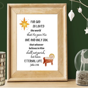 Image des Écritures, Car Dieu a tant aimé le monde..., Jean 3:16, Décoration chrétienne, Gravure chrétienne, Décor de Noël. Impression de versets bibliques
