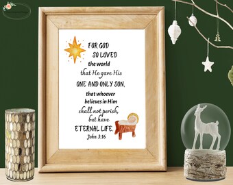 Scripture Picture, For God So Loved the World..., John 3:16, Christian Home Decor, Christian Print, Christmas Decor. Bible Verse Print