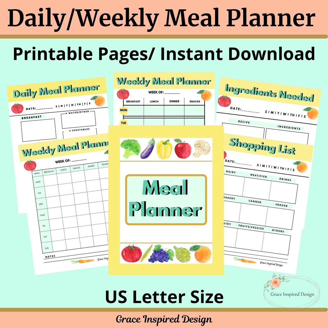 Meal Planner Printable, Weekly Daily Meal Planning Printable, Meal ...