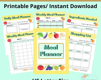 Meal Planner Printable, Weekly Daily Meal Planning Printable, Meal Shopping Planner, Shopping List Printable Planner, Meal Planning Schedule