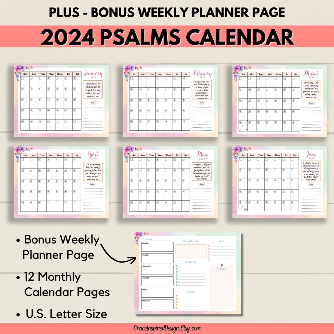 Printable Calendar 2024, Bible Verse Calendar Printable 2024, Monthly ...