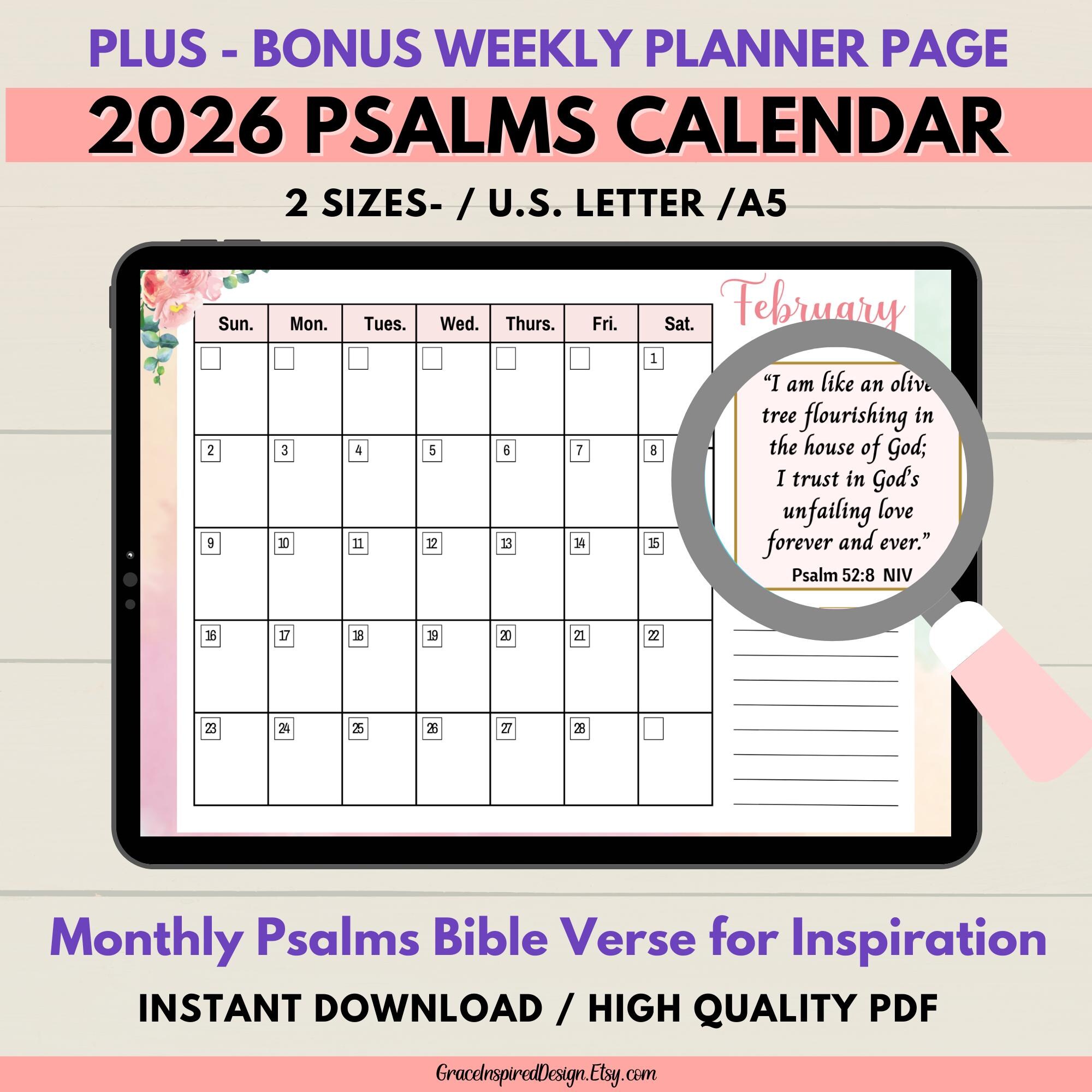2026 Psalms Calendar Printable, Bible Verse Binder, Monthly Planner ...