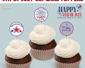 7 月 4 日のカップケーキ トッパー、印刷可能な 7 月 4 日のカップケーキ トッパー、7 月 4 日のパーティーのデコレーション、独立記念日の愛国的なケーキ、クッキー タグ