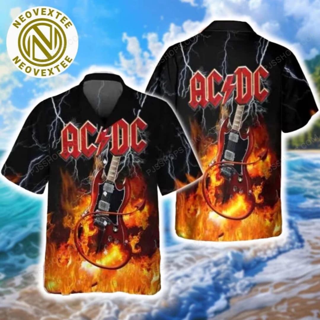 ACDC Thunderstruck Guitar Flames Black Background Summer Hawaiian Shirt ...