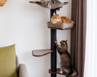 Tall cat tower with hammock, pillow, bed and bubble for 2-3 cats. Multi level cat tree. Wooden furniture. Sisal, jute post, dark walnut wood