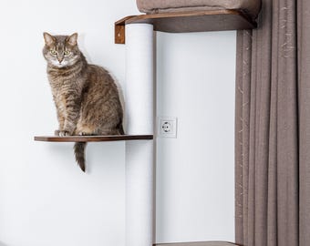 Dark Walnut Cat Tree with Black Cotton Rope, Modern Minimalist Cat Tower, Corner cat tree, Sisal cat tower, Cat tree with bed, Cat hammock
