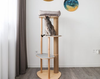 Kattorn med säng, klösträd i ek, katttorn i trä, klösträd, klöslägenhet för katter, moderna kattmöbler, kattsäng, naturligt klösträd