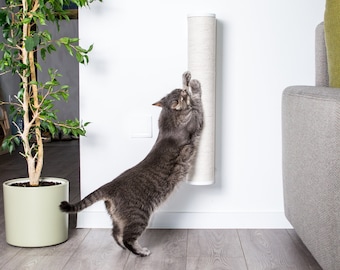 Wall mounted tall cat scratcher, modern cat scratching post, wooden furniture, minimalistic design sisal jute white or black