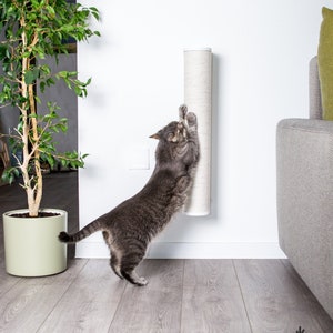 Tall Cat wall scratching post, wood and jute. Cat tree, Scratching post wall Cat scratcher wall mount Modern cat furniture Cat scratch tower