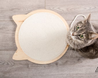 Cat Scratcher y Cat Bed y Cat Toys (3 en 1) forma de gato, base de madera contrachapada y cuerda de algodón. Muebles modernos para gatos rascarse arañazos para gatos