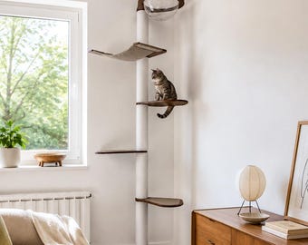Tall cat tree with bed dark walnut and white rope. Cat bubble, cat tree hammock. Cat scratch tower. Custom design. Unique wood cat furniture