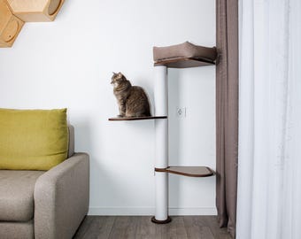 Modern Tall Cat Tree with Hammock, Sisal Scratching Posts, Wooden Cat Furniture. Bed and bubble