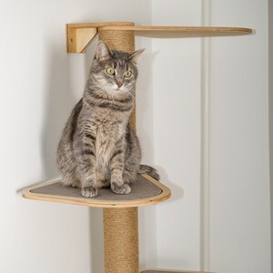 Puede incluir: Un gato atigrado gris se sienta en una plataforma de un alto &aacute;rbol para gatos de madera. El &aacute;rbol para gatos tiene un poste envuelto en sisal y m&uacute;ltiples plataformas. El &aacute;rbol para gatos est&aacute; en una esquina de una habitaci&oacute;n con paredes blancas.