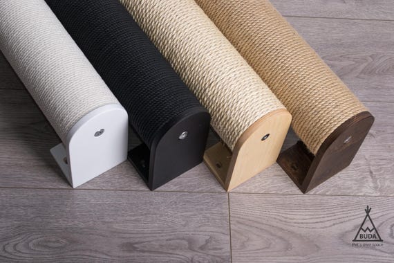 Modern Wall Mounted cat scratching post from sisal, jute or cotton rope with wooden mounts for large cats. Tall, short cat scratcher.