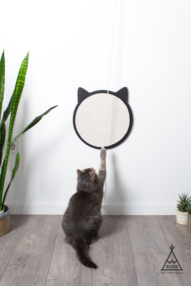 May include: A gray cat plays with a white rope hanging from a black and white cat-shaped scratching post mounted on a white wall. The scratching post is made of sisal rope and has a black outline of a cat's face. The cat is sitting on a gray wood floor.