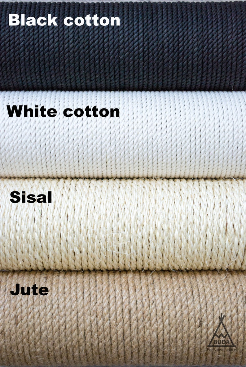 Puede incluir: Primer plano de cuatro tipos diferentes de cuerda: algod&oacute;n negro, algod&oacute;n blanco, sisal y yute. La cuerda est&aacute; enrollada y apilada una encima de la otra. El texto "Buda Pets own space" es visible en la esquina inferior derecha.