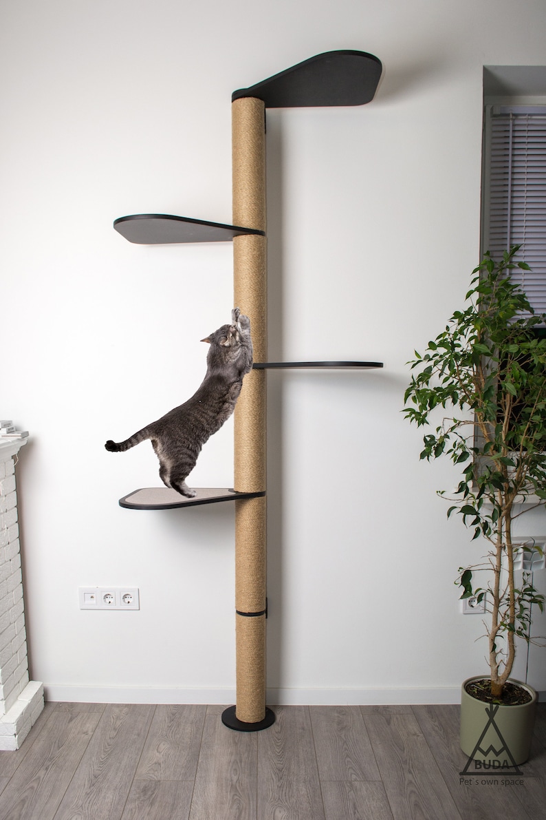 Puede incluir: Un &aacute;rbol para gatos alto de color beige con un poste para rascar de sisal y varias plataformas negras. Un gato gris est&aacute; trepando por el poste para rascar. El &aacute;rbol para gatos est&aacute; en una habitaci&oacute;n con paredes blancas y suelo gris. Hay una planta en maceta en la esquina de la habitaci&oacute;n.