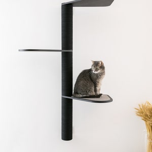 May include: A black cat tree with a gray cat sitting on a platform. The cat tree has three platforms and a tall scratching post. The cat tree is mounted on a white wall.