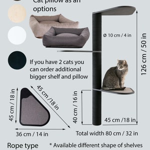 Puede incluir: Un &aacute;rbol para gatos negro con tres estantes y una altura total de 126 cm. El &aacute;rbol para gatos tiene un di&aacute;metro de 10 cm y una anchura de 80 cm. El &aacute;rbol para gatos est&aacute; disponible en diferentes colores y tipos de cuerda. La imagen muestra un &aacute;rbol para gatos negro con una cuerda de yute.