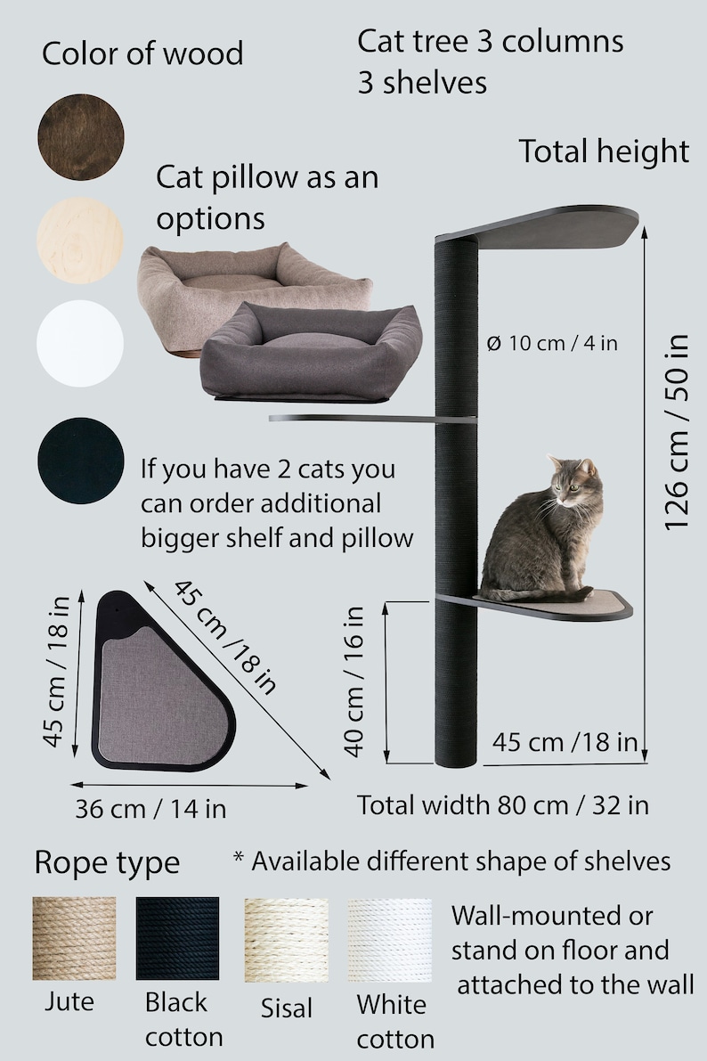 Puede incluir: Un &aacute;rbol para gatos negro con tres estantes y una altura total de 126 cm. El &aacute;rbol para gatos tiene un di&aacute;metro de 10 cm y una anchura de 80 cm. El &aacute;rbol para gatos est&aacute; disponible en diferentes colores y tipos de cuerda. La imagen muestra un &aacute;rbol para gatos negro con una cuerda de yute.