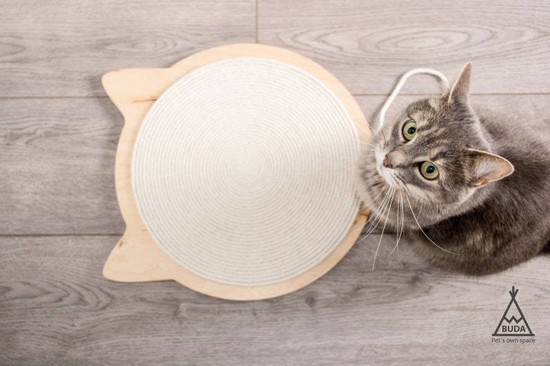 May include: A gray tabby cat looking up at a white rope-covered scratching post shaped like a cat head. The post is made of wood and has a natural finish. The cat is sitting on a light gray wood floor.
