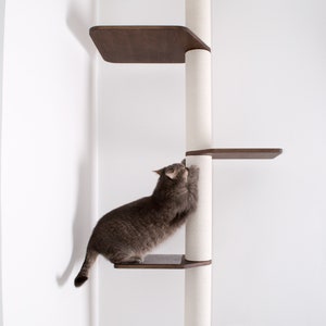 May include: A modern cat tree with a white sisal scratching post and dark brown wooden platforms. A gray cat is climbing the tree. The cat tree is mounted to the ceiling. The cat tree has the text "BUDA Pet's own space".