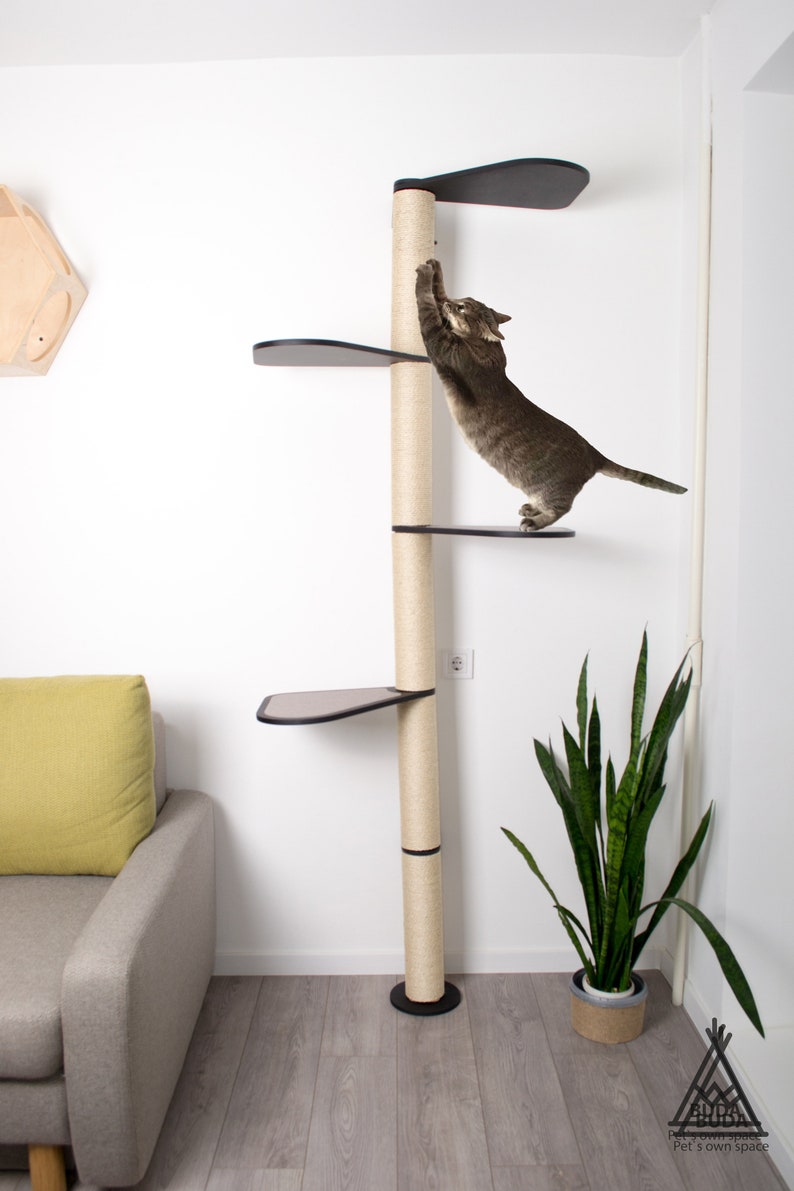 Puede incluir: Un &aacute;rbol para gatos alto de color beige con una plataforma negra y un poste para rascar de sisal. Un gato atigrado est&aacute; subiendo por el poste. El &aacute;rbol para gatos est&aacute; en una habitaci&oacute;n con un sof&aacute; y una planta.