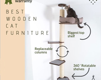 Floor to Ceiling Cat Tree, Tall Modern Cat Tower for Large Cats, Adjustable Wooden Cat Tree with Bed or Hammock, Minimalist Cat Furniture