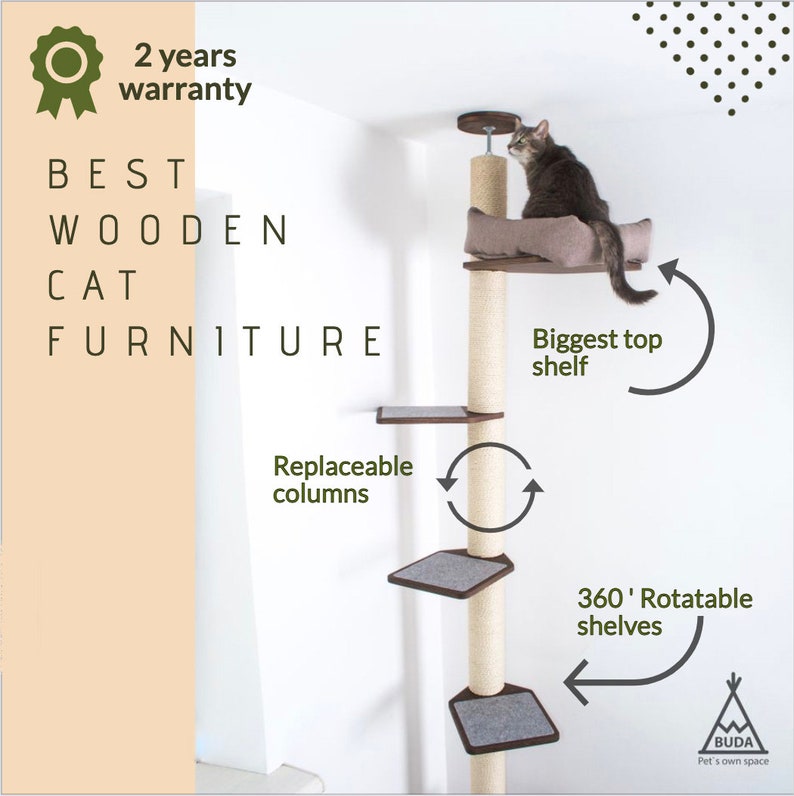 May include: A multi-level wooden cat tree with replaceable columns and 360-degree rotatable shelves. The cat furniture features a large top shelf and a cat resting on it. The text reads "BEST WOODEN CAT FURNITURE" and "2 years warranty."