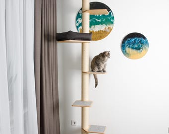 Custom Height Tension Cat Tree: Modern Floor to Ceiling Cat tree, Tall cat scratch tree, adjustable cat tree with bed, cat tower for big cat