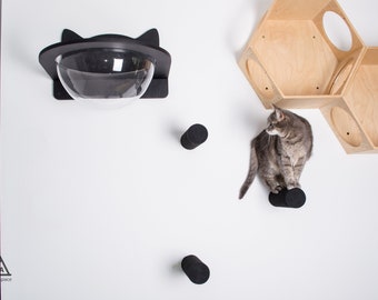 Black Cat wall steps, Cat furniture, White stairs, modern shelves, scratcher, climber, catio.