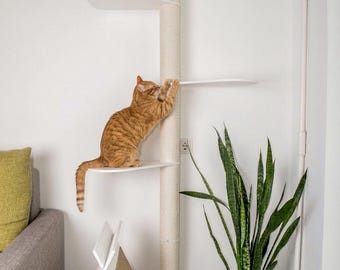 White cat tree, wooden cat tree tower, luxury wooden cat scratcher, skinny cat tree, Customized Cat Tree, Luxury cat scratching post perch
