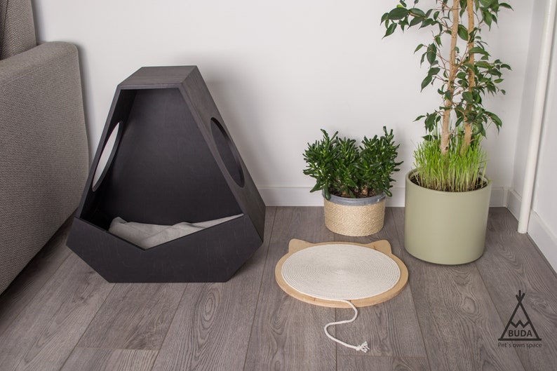 Cat Scratcher and Cat Bed and Cat Toys (3 in 1) cat shape, plywood base and cotton rope. Modern cat furniture cat scratching cat scratch image 7