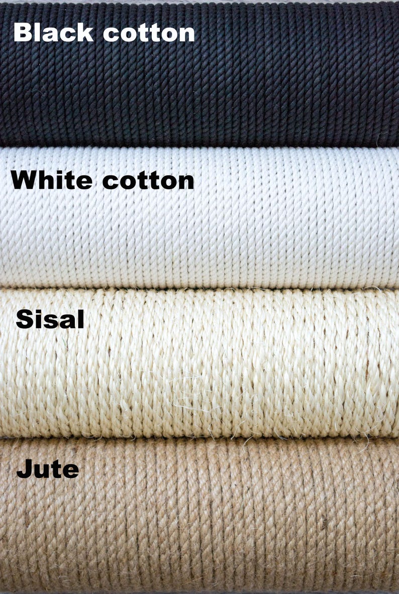 Pode incluir: Close-up de quatro tipos de corda: algod&atilde;o preto, algod&atilde;o branco, sisal e juta.