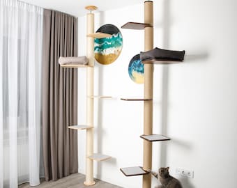 Adjustable Floor to Ceiling Cat Tree: Modern Cat Tower with bed for big cats, Tall Cat scratcher in tension, minimalistic elegant furniture