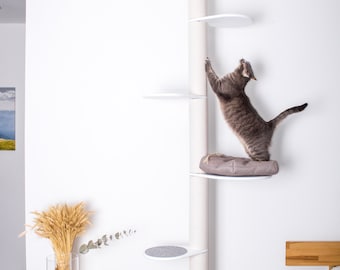 Adjustable Floor to Ceiling Cat Tree, white cat tree, tall cat tree, tension cat tower, multi level wooden cat tree, tension pole cat tree.