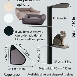 May include: A black cat tree with three shelves and a total height of 126 cm. The cat tree has a diameter of 10 cm and a width of 80 cm. The cat tree is available in different colours and rope types. The image shows a black cat tree with a jute rope.