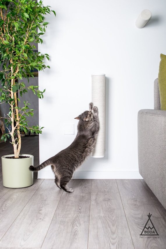 Tall Cat wall scratching post, wood and jute. Cat tree, Scratching post wall Cat scratcher wall mount Modern cat furniture Cat scratch tower