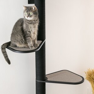 May include: A black wall-mounted cat tree with three platforms and a hanging bed. A gray cat is sitting on one of the platforms.