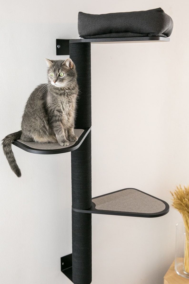 May include: A black wall-mounted cat tree with three platforms and a hanging bed. A gray cat is sitting on one of the platforms.