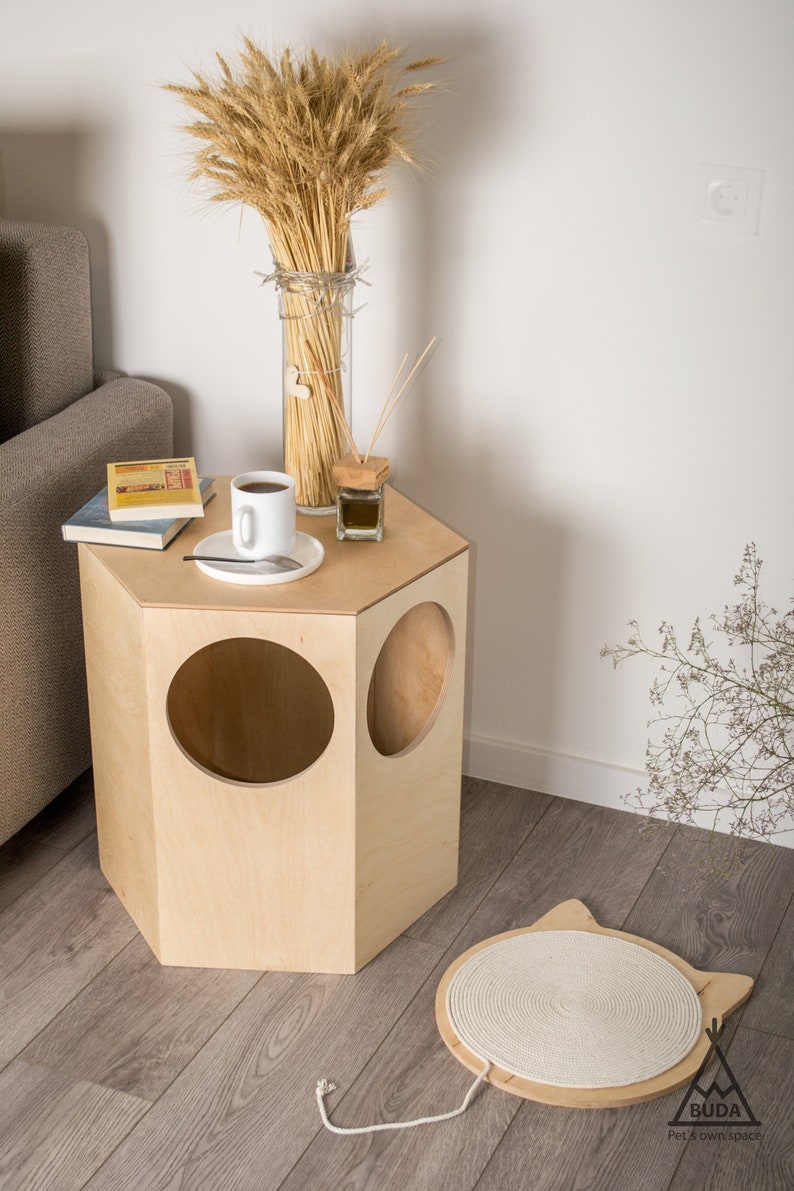 Cat Scratcher and Cat Bed and Cat Toys (3 in 1) cat shape, plywood base and cotton rope. Modern cat furniture cat scratching cat scratch image 8
