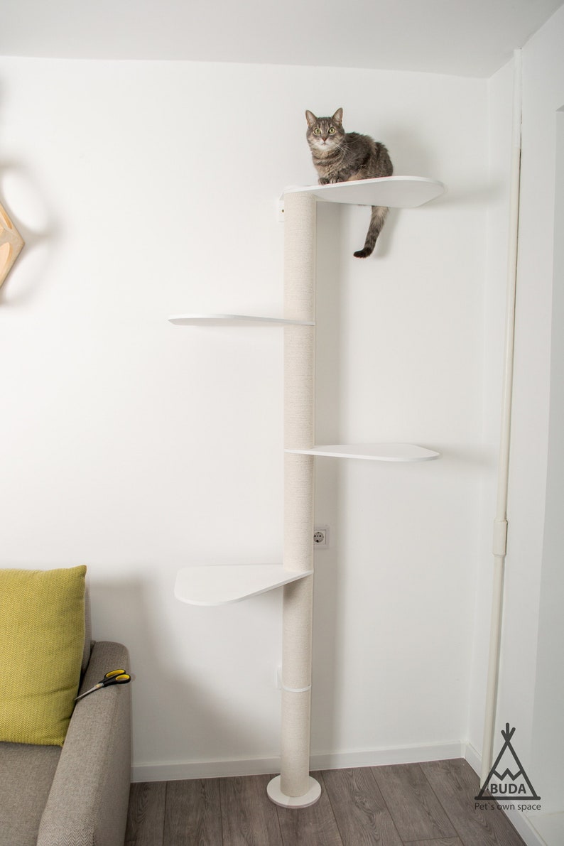 Puede incluir: Un &aacute;rbol para gatos blanco con cuatro plataformas y un poste para rascar. El &aacute;rbol para gatos est&aacute; en una esquina de una habitaci&oacute;n con paredes blancas y un suelo marr&oacute;n claro. Un gato est&aacute; sentado en la plataforma superior.