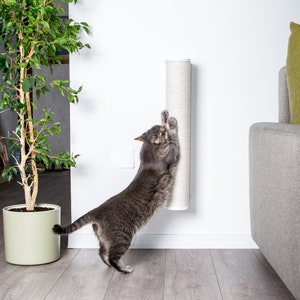 Pu&ograve; includere: Un gatto grigio che gratta un tiragraffi in sisal beige montato su una parete bianca. Il tiragraffi &egrave; alto circa 76 cm. Il gatto &egrave; in piedi su un pavimento in legno grigio chiaro.