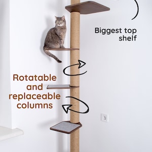 May include: Floor-to-ceiling cat tree with multiple platforms and a central scratching post. The cat tree has a brown finish with gray platforms and is designed to be rotatable and have replaceable columns. The text "Cat tree floor to ceiling" is visible.